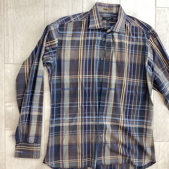 Ted Baker Blue and Brown Plaid Casual Button Down Shirt - Picture 4 of 8